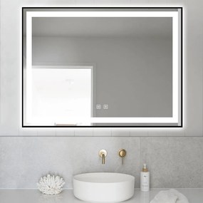 Oglindă LED Dreptunghiulară (80x60 cm), 3 Moduri Iluminare (Lumină Rece, Naturală, Caldă), Intensitate Reglabilă, Funcție Dezaburire, Ramă Aluminiu, Control Tactil (Touch)