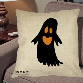 Perna Decorativa Halloween Fantoma Neagra cu Ochi Portocalii, 40x40 cm, Crem, Husa Detasabila, Perna Inclusa, BEKZ®