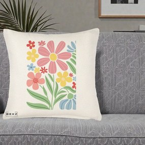 Perna Decorativa Flori Grafice Roz Pastel, 40x40 cm, Crem Reliefat, Husa Detasabila, Perna Inclusa, BEKZ®