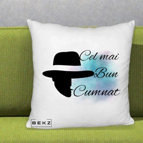 Cadou pentru Cumnat - Perna Personalizata Cel mai Bun Cumnat cu Silueta Palarie si Pete Teal-Roz, 40x40 cm, Alb Pufos, Husa Detasabila, Perna Inclusa, BEKZ®
