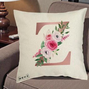 Cadou Personalizat - Perna Personalizata Monograma Rose Gold Litera Z, 40x40 cm, Ecru, Husa Detasabila, Perna Inclusa, BEKZ®