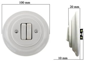 Bohemia-Design - Întrerupător dublu retro din porțelan cu ramă nr. 6+6, alb