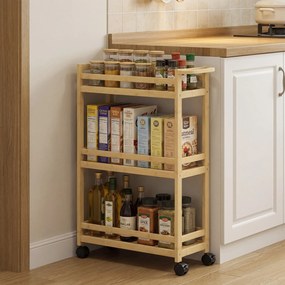 HOMCOM Raft de Baie din Bambus cu 3 Niveluri, Carucior Organizator cu Roți pentru Bucătărie, Baie, Living, 55 x 20 x 75 cm - Natural | Aosom Romania