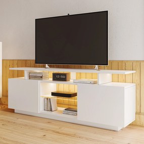 Modernă comodă TV cu iluminare LED în 16 culori, panou frontal lucios, raft de sticlă, 140×35×61 cm, Alb