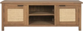 Comodă TV living din lemn de tec reciclat, natur, cu 2 uși din ratan împletit, 3 rafturi, nișă centrală și picioare de lemn, 50 x 140 x 45 cm, „Dijon”