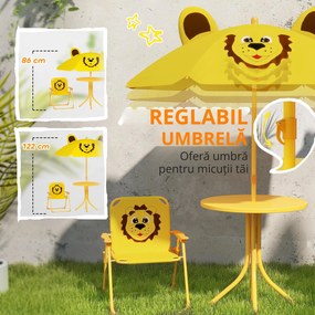 AIYAPLAY Mobilier de grădină pentru copii cu umbrelă de soare reglabilă, Set de picnic pentru copii cu 4 piese, Masă cu 2 scaune pliante, masă, Set de terasă cu model de leu pentru vârstele 2-5 ani, Galben | Aosom Romania