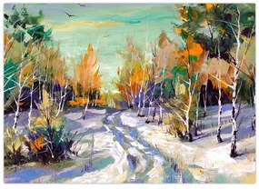 Tablou pe sticlă - Drum înzăpezit prin pădure (70x50 cm)