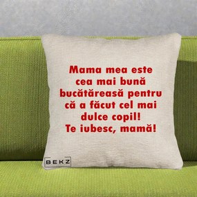 Cadou pentru Mama - Perna Personalizata Mama cea Mai Buna Bucatareasa, 40x40 cm, Bej Canapea, Husa Detasabila, Perna Inclusa, BEKZ®