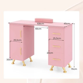 MANIA3 - Masuta manichiura, 108 cm, masa cosmetica cu pernita - Alb / Negru / Roz - Auriu