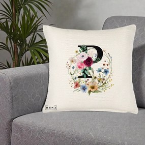 Cadou Personalizat - Perna Personalizata Monogram Litera P cu Flori Acuarela, 40x40 cm, Crem Reliefat, Husa Detasabila, Perna Inclusa, BEKZ®
