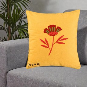 Perna Decorativa Floare Macul Roz-Rosu Grafic, 40x40 cm, Galben, Husa Detasabila, Perna Inclusa, BEKZ®