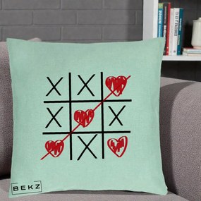 Cadou Romantic - Perna Personalizata Love Joc X si Inima cu Castigator Iubire, 40x40 cm, Verde Menta, Husa Detasabila, Perna Inclusa, BEKZ®