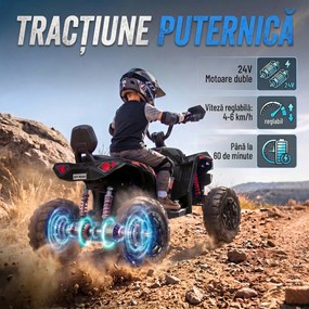 AIYAPLAY ATV electric pentru copii 24V, 2 locuri, baterie litiu, 2 motoare 120W, suspensii, muzică, faruri, negru | Aosom Romania