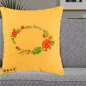 Perna Decorativa Coroana Florala Acuarela, 40x40 cm, Galben, Husa Detasabila, Perna Inclusa, BEKZ®