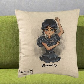 Perna Personalizata Wednesday Addams Dancing Queen, 40x40 cm, Bej, Husa Detasabila, Perna Inclusa, BEKZ®