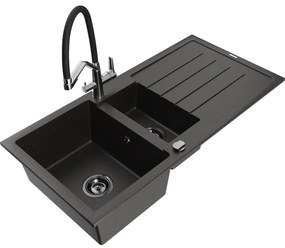 Mexen Andres chiuvetă de granit 1,5 cameră cu scurgător și baterie de bucătărie Duo, negru/auriu metalizat - 6515-75-671701-07-B