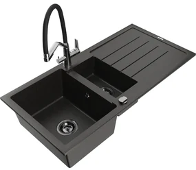 Mexen Andres chiuvetă de granit 1,5 cameră cu scurgător și baterie de bucătărie Duo, negru/auriu metalizat - 6515-75-671701-07-B