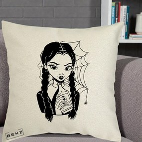 Perna Personalizata Wednesday cu Panza de Paianjen, 40x40 cm, Ecru, Husa Detasabila, Perna Inclusa, BEKZ®
