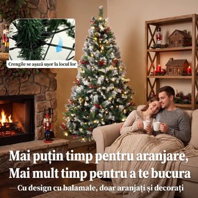 HOMCOM Brad de Crăciun Nins 180 cm, 250 LED-uri Bicolore, Telecomandă, 11 Moduri, 840 Ramuri, Conuri, Bobițe Roșii | Aosom Romania