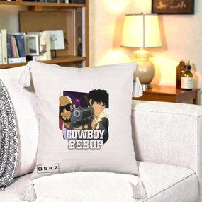Perna Personalizata Cowboy Bebop Spike si Jet Poster, 40x40 cm, Bej cu Franjuri, Husa Detasabila, Perna Inclusa, BEKZ®