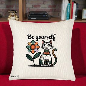 Perna Personalizata Be Yourself Pisica Folk, 40x40 cm, Crem Reliefat, Husa Detasabila, Perna Inclusa, BEKZ®