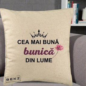 Cadou pentru Bunica - Perna Personalizata Cea Mai Buna Bunica Din Lume Coroana Mov Floare Roz, 40x40 cm, Bej, Husa Detasabila, Perna Inclusa, BEKZ®