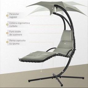 Outsunny Sezlong Suspendat cu Acoperiș, Relaxare de Lux, Design Modern, Confortabil, Gri, Perfect pentru Exterior | Aosom Romania