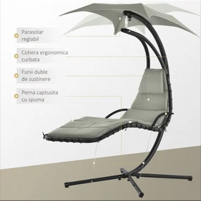 Outsunny Sezlong Suspendat cu Acoperiș, Relaxare de Lux, Design Modern, Confortabil, Gri, Perfect pentru Exterior | Aosom Romania