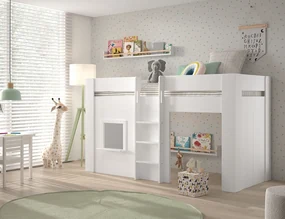 Pat semi-supraetajat pentru copii RENO, alb, 90 x 200 cm, din MDF lacuit de înaltă calitate, cu spațiu multifunctional dedesubt – Vipack