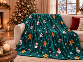Patura microplus de Craciun SNOWMAN AND GINGERBREAD verde Dimensiune: 150 x 200 cm