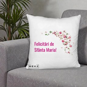 Cadou de Onomastica - Perna Personalizata Felicitari de Sfanta Maria, 40x40 cm, Alb Pufos, Husa Detasabila, Perna Inclusa, BEKZ®