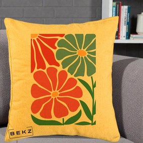 Perna Decorativa Flori Grafice Rosu-Albastru, 40x40 cm, Galben, Husa Detasabila, Perna Inclusa, BEKZ®