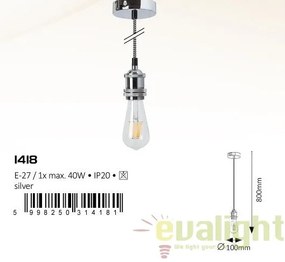 Lustra, Pendul design Industrial Style, finisaj argintiu, diametru 10cm, Fixy 1418 RX
