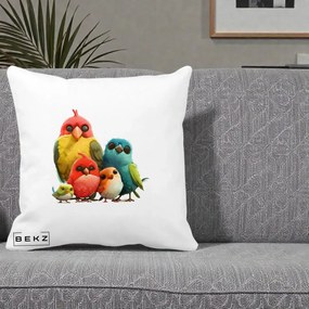 Perna Decorativa Familie de Pasarele Colorate, 40x40 cm, Alba Mata, Husa Detasabila, Perna Inclusa, BEKZ®