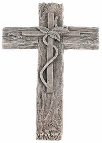 Decorație funerară Cruce cu frunze, imitație delemn, poliresină, 11 x 21 x 2 cm