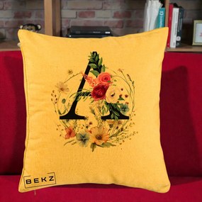 Cadou Personalizat - Perna Personalizata Monogram Litera A cu Flori Acuarela, 40x40 cm, Galben, Husa Detasabila, Perna Inclusa, BEKZ®