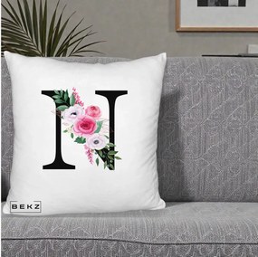 Cadou Personalizat - Perna Personalizata Monograma Florala Litera N, 40x40 cm, Alb Pufos, Husa Detasabila, Perna Inclusa, BEKZ®