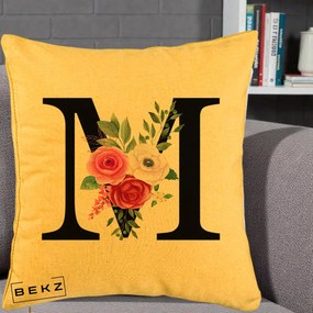 Cadou Personalizat - Perna Personalizata Monograma Florala Litera M cu Trandafiri si Anemona, 40x40 cm, Galben, Husa Detasabila, Perna Inclusa, BEKZ®