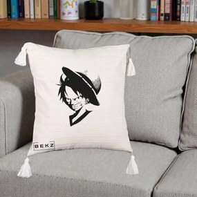 Perna Personalizata One Piece Luffy Silueta Alb-Negru, 40x40 cm, Bej cu Franjuri, Husa Detasabila, Perna Inclusa, BEKZ®