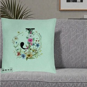Cadou Personalizat - Perna Personalizata Monogram Litera J cu Flori Acuarela, 40x40 cm, Verde Menta, Husa Detasabila, Perna Inclusa, BEKZ®