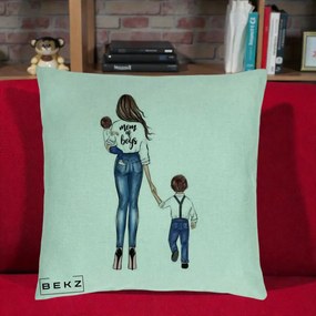 Cadou pentru Mama - Perna Personalizata Mom of Boys Mama cu Baietii, 40x40 cm, Verde Menta, Husa Detasabila, Perna Inclusa, BEKZ®