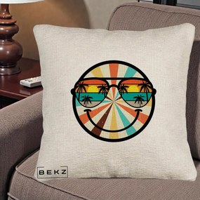 Perna Decorativa Smiley Face Retro Sunset Palmieri, 40x40 cm, Bej Canapea, Husa Detasabila, Perna Inclusa, BEKZ®