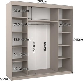 Dulap cu uși glisante DALMATIA – cu oglindă – 200x58x215 cm – Cașmir