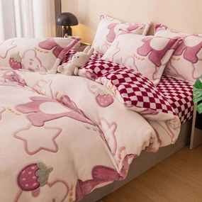 Set lenjerie cocolino pufoasa, cu elastic, pat 2 persoane, 4 piese, alb / roz, LCJE-22