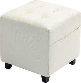 HOMCOM Suport pentru picioare pentru living, ottoman, scaun tapițat capitonat din material cu aspect de in cu buzunar lateral, 35 x 35 x 35 cm, cremă | Aosom Romania