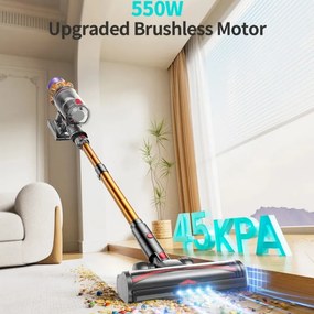 Aspirator vertical Honiture X7 CJD239, 550 W, 45 kPa, 1,5 l, 60 min, 3 moduri, Inaltime reglabila, Filtru HEPA, Ecran tactil, Perie cu LED, Nichel/Galben