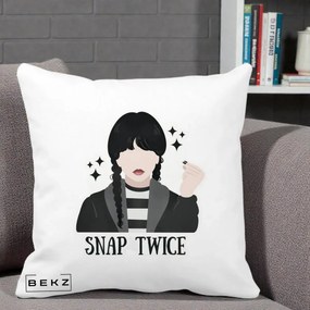 Perna Personalizata Wednesday Snap Twice, 40x40 cm, Alba Mata, Husa Detasabila, Perna Inclusa, BEKZ®