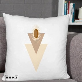 Perna Decorativa Boho Sun cu Triunghiuri Bej si Oval Solar, 40x40 cm, Alb Pufos, Husa Detasabila, Perna Inclusa, BEKZ®