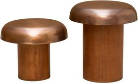 Set 2 măsuțe laterale rotunde din lemn de mango și metal, aramiu și maro, cu blat bombat și bază cilindrică, finisaj patinat, 41 x 49 cm, „Orma”