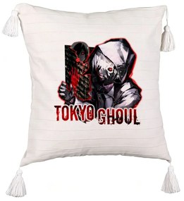 Perna Decorativa cu Franjuri cu Tokyo Ghoul, 45x45 cm, Ecru, Cu fermoar